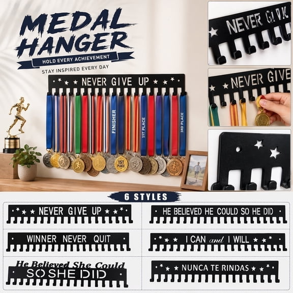 Black Wall Mount Hook Rack, Wall Hooks, Wall Hanger Organizer, Hat Organizer for Wall, 14X2 Inch All Metal Wall Mounted Medal Display and Storage Holder with Cutout Star Accents,