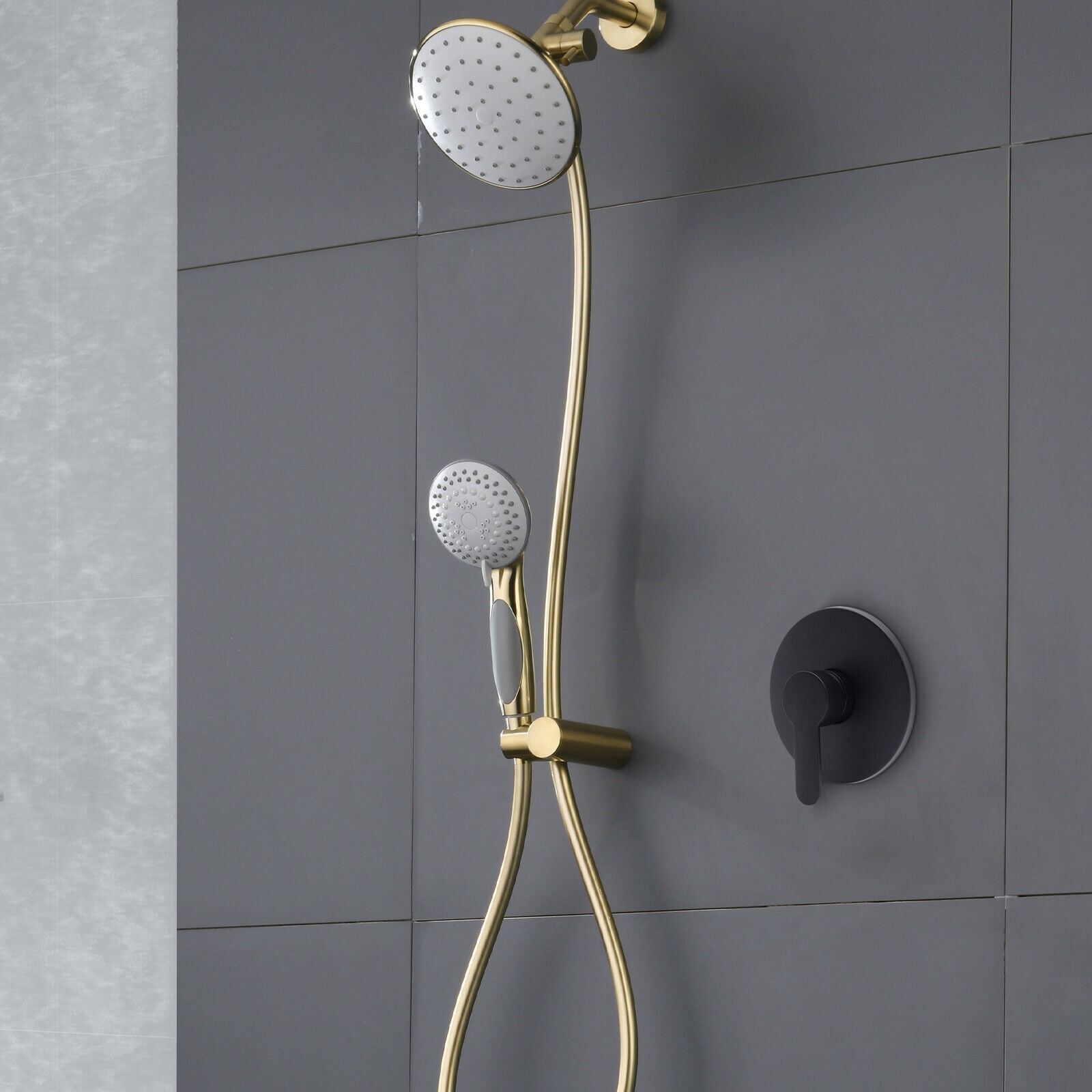 Black Wall Mount Shower Faucet Control Valve Bath Mixer Bathroom Water Tap Hot + Cold