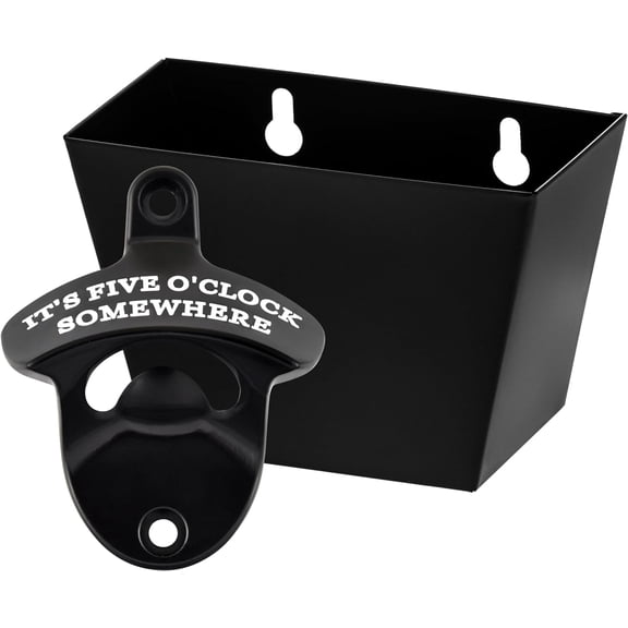 Black Wall Mounted Bottle Opener with Cap Catcher Stainless, IT'S FIVE O'CLOCK SOMEWHERE Screw in Wall Beer Cap Opener Bucket Gift