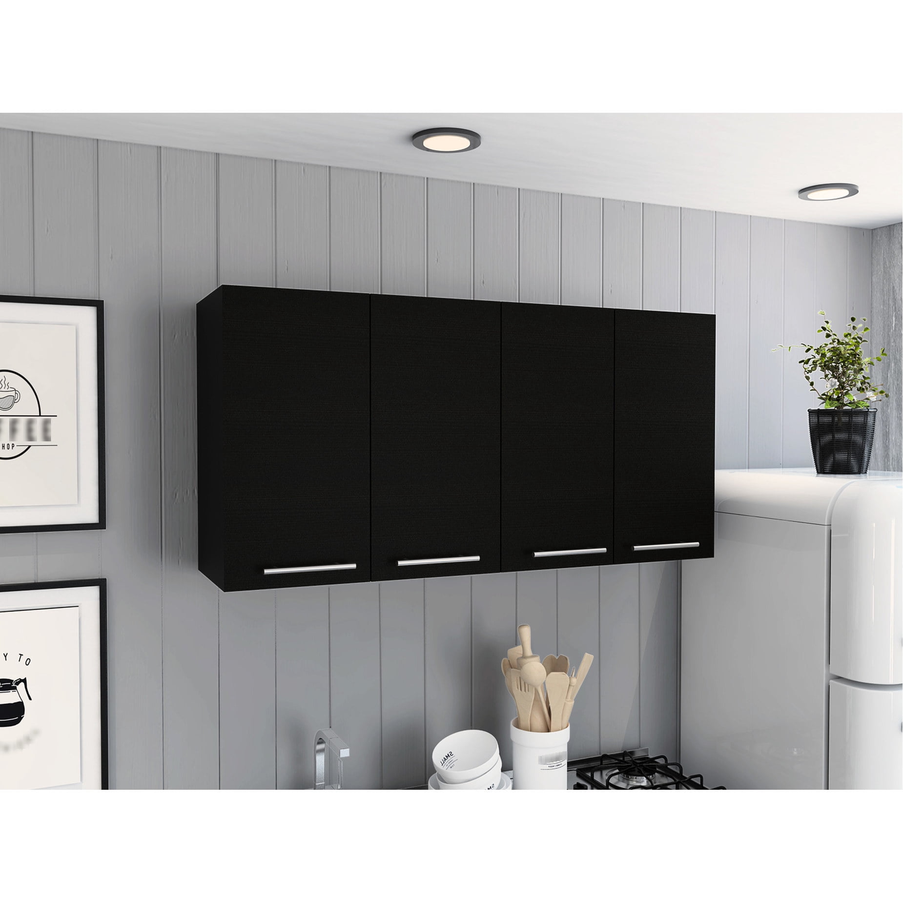 Black Wall-Mounted Cabinet | Four Doors and Metal Dish Rack | Made of ...