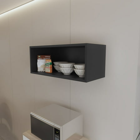 Black Wall Mounted Cabinet with Open Shelves, 30" Wide Melamine Storage Cabinet for Kitchen, Bathroom Or Dining Room, Scratch-Resistant Surface, Easy Assembly