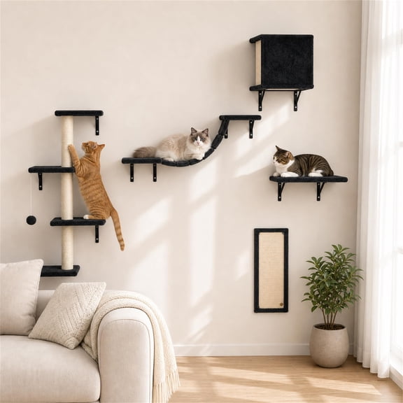 Black Wall-Mounted Cat Tree Climber with Shelves, House Bridge, Steps and Scratcher