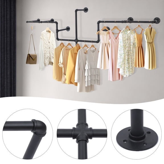 Black Wall Mounted Clothes Rack Industrial Pipe Clothing Garment Display Rack Retail for Clothing Stores