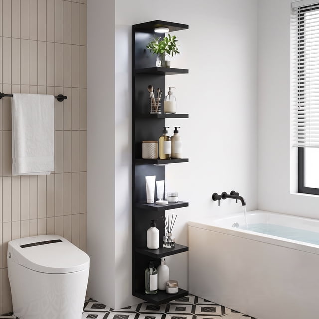 Wall Moount Rack Black Wall Mounted Display Shelf with LED Lights, 7-Level Floating ...