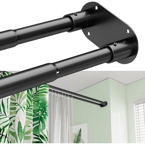 Black Wall Mounted Double Shower Curtain Rod, Adjustable 28 to 76 Inches, Rustproof for Bathroom, Laundry Room, or Bathtub