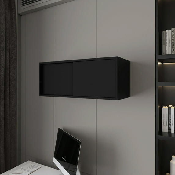 Black Wall Mounted Floating Cabinet For Office. Save Space And Improve Organization. Made From Robust Particle Board. 31.9''w X 13''d 13''h. Ideal Compass Storage. Assembly Required Office With