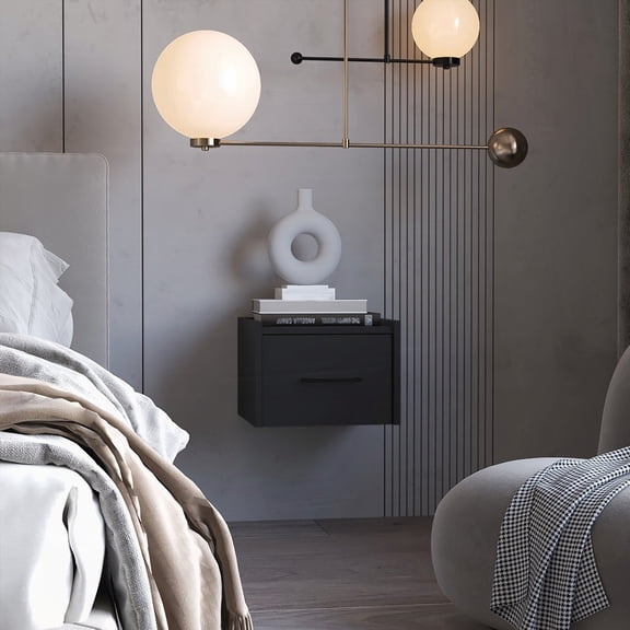 Black Wall-Mounted Floating Nightstand with Drawer & Shelf