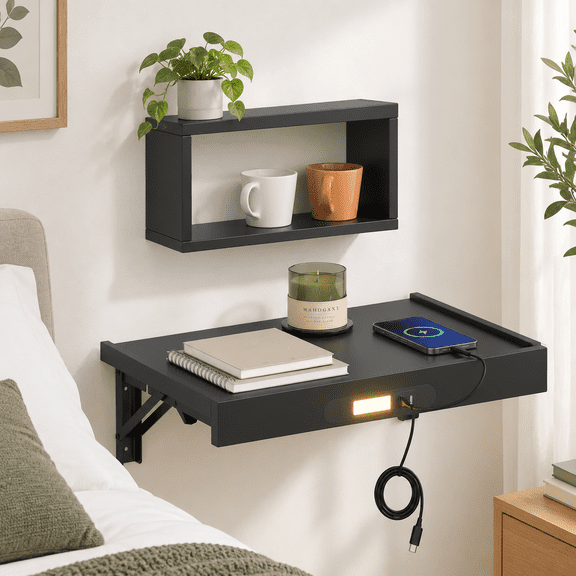 Black Wall Mounted Folding Floating Nightstand with Charging Station and LED Light