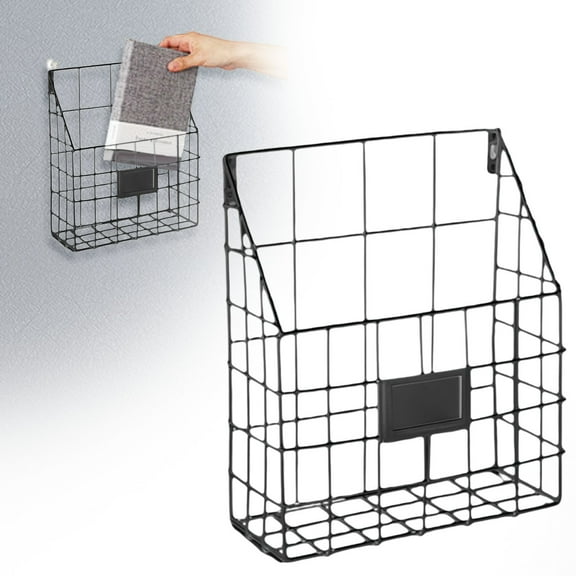 Black Wall-Mounted Magazine Rack – No-Drill Metal Mesh Organizer for Files, Mail & Home Office Storage