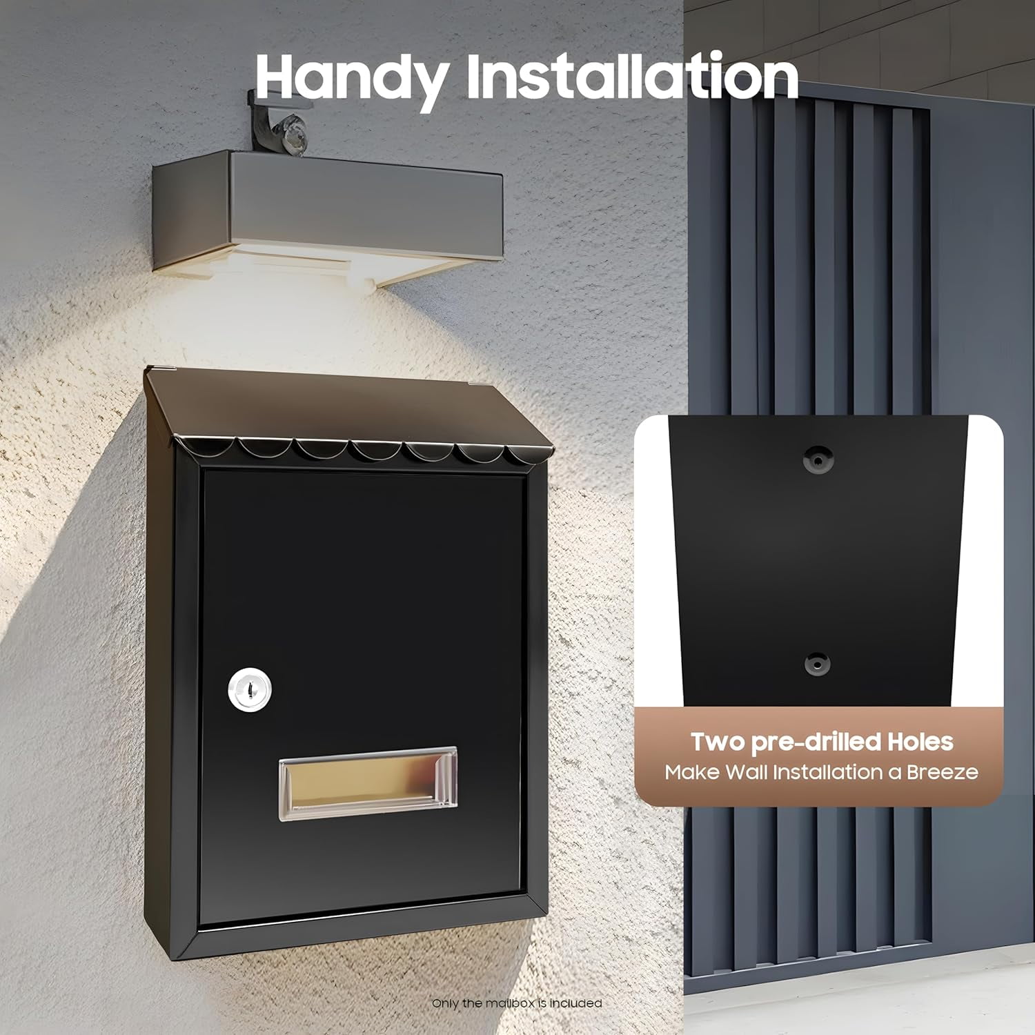 Black Wall-Mounted Mail Box with Lock & 2 Keys, Security Mailbox, Steel Cover Metal Postbox for Home, Apartment, Office