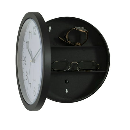 Black Wall Mounted Plastic Clock with Hidden Storage Door - Secret Interior Compartment, Hidden Safe for Storing Valuables - 10 Inch Dia - Home Security and Organization Solution with Modern Elegance