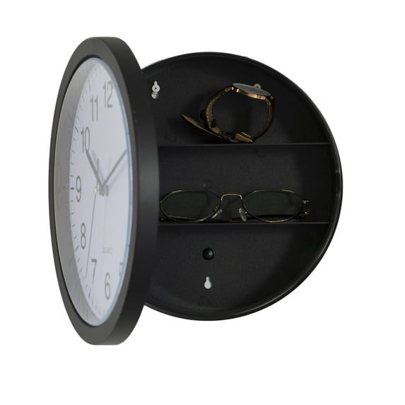 Black Wall Mounted Plastic Clock with Hidden Storage Door - Secret Interior Compartment, Hidden Safe for Storing Valuables - 10 Inch Dia - Home Security and Organization Solution with Modern Elegance