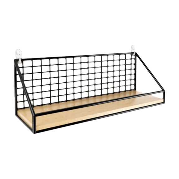 Black Wall Mounted Shelf, Small No Drill Hanging Organizer with Wire Mesh and Wood Plank, Industrial Decor for Bathroom Kitchen Office, Small Size Black