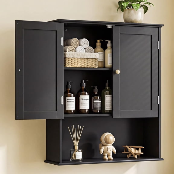 Black Wall-Mounted Storage Cabinet 24" x 30" Adjustable Shelves Medicine Cabinet for Bathrooms Kitchen Entryway