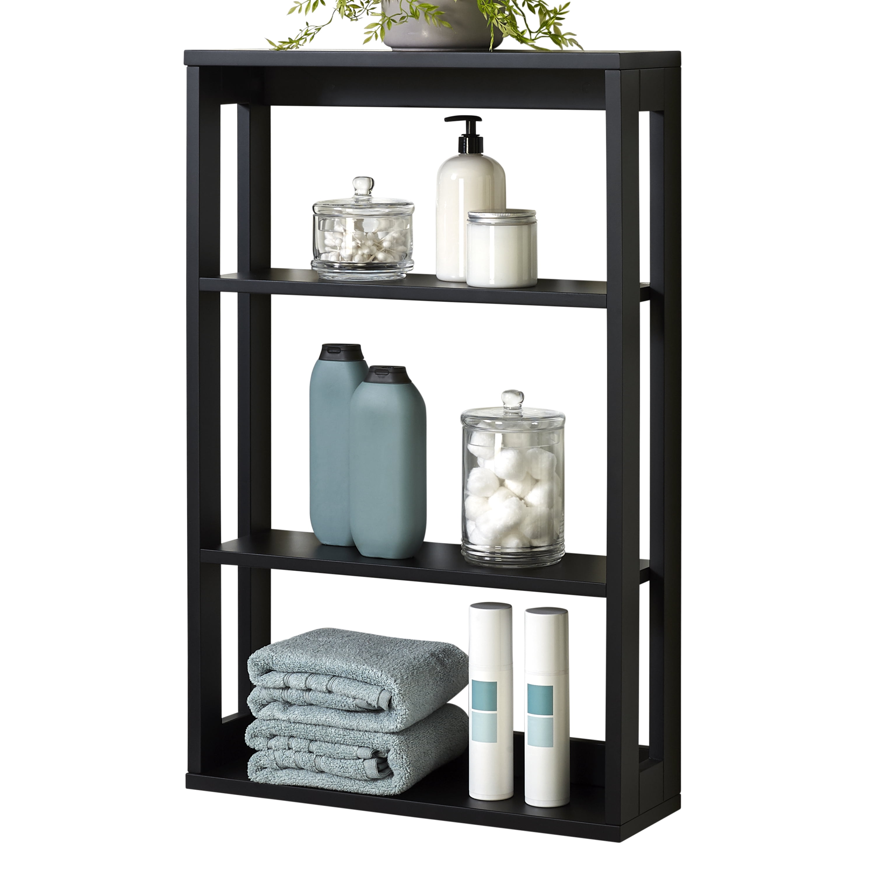 Black Painted Wood 4-Tier Wall Mounted Storage Shelf