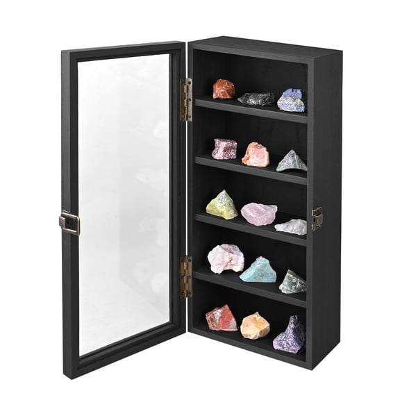 Black Wall Mounted Wooden Collectible Display Case with 5 Shelves