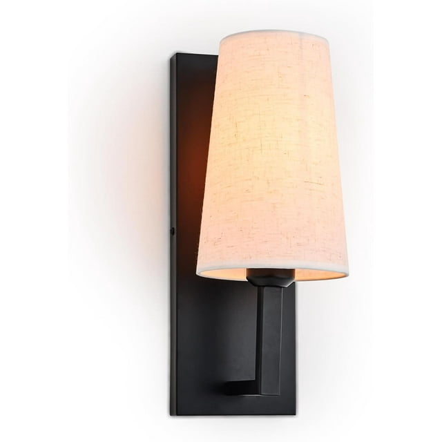 Black Wall Sconce with Linen Fabric Shade,Farmhouse Hardwired Wall