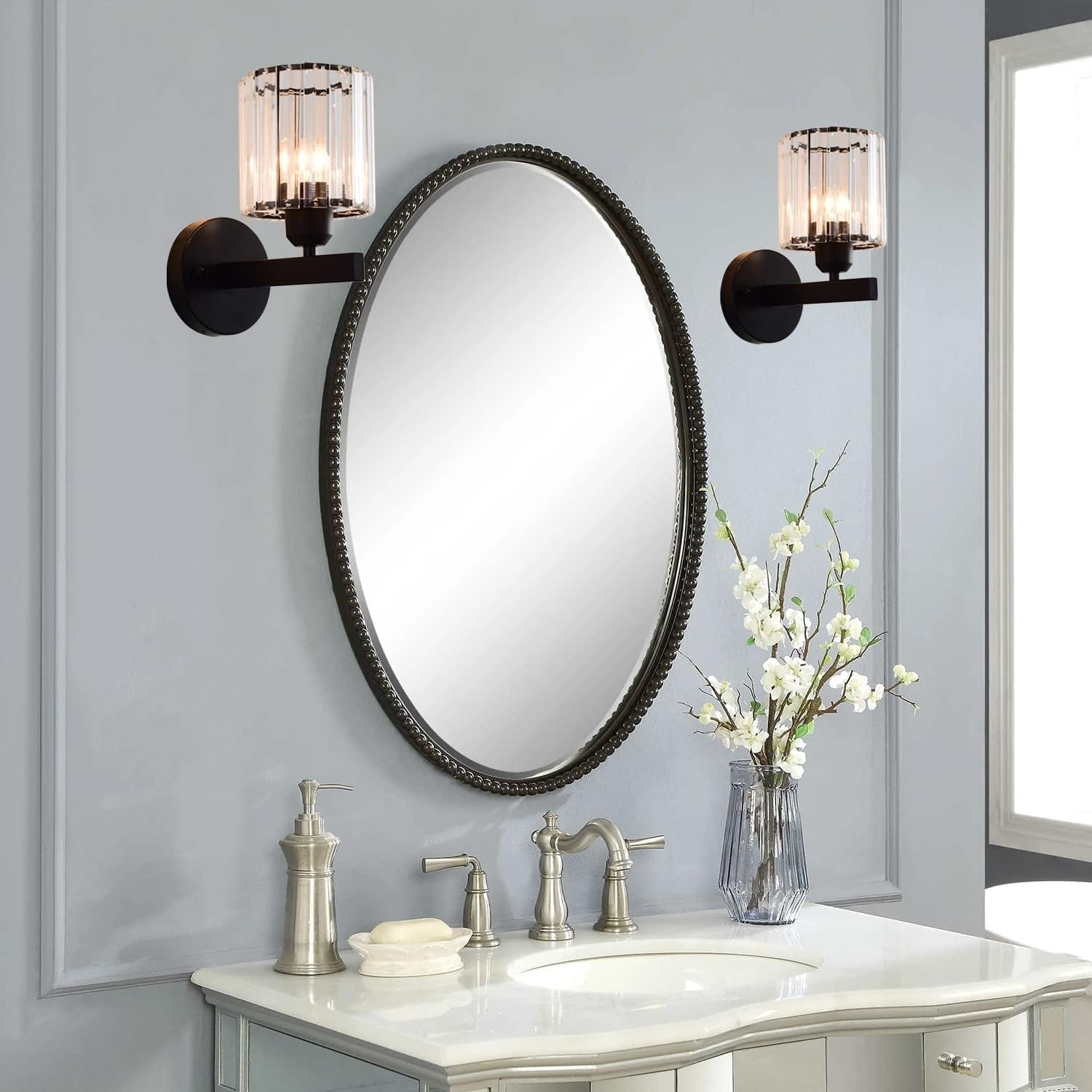 Black Wall Sconces Set of 2, Bathroom Wall Lighting Fixtures Over Mirror, Vanity Light, Modern Glass Shade Wall Lamp Black Indoor Decor for Bedroom Living Room Entryway