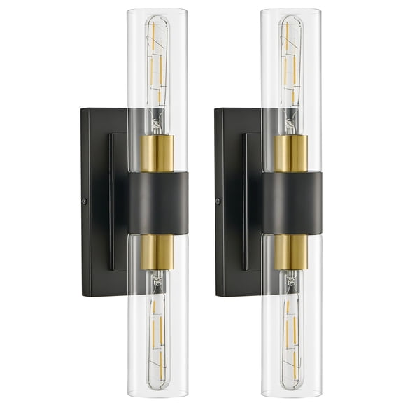 Black Wall Sconces Set of Two,Modern Bathroom Light Fixtures,2-Light Sconces Wall Lighting with Thickened Tempered Clear Glass,19 in Indoor Hardwired Wall Lights for Bedroom,Mirror, E26 Base