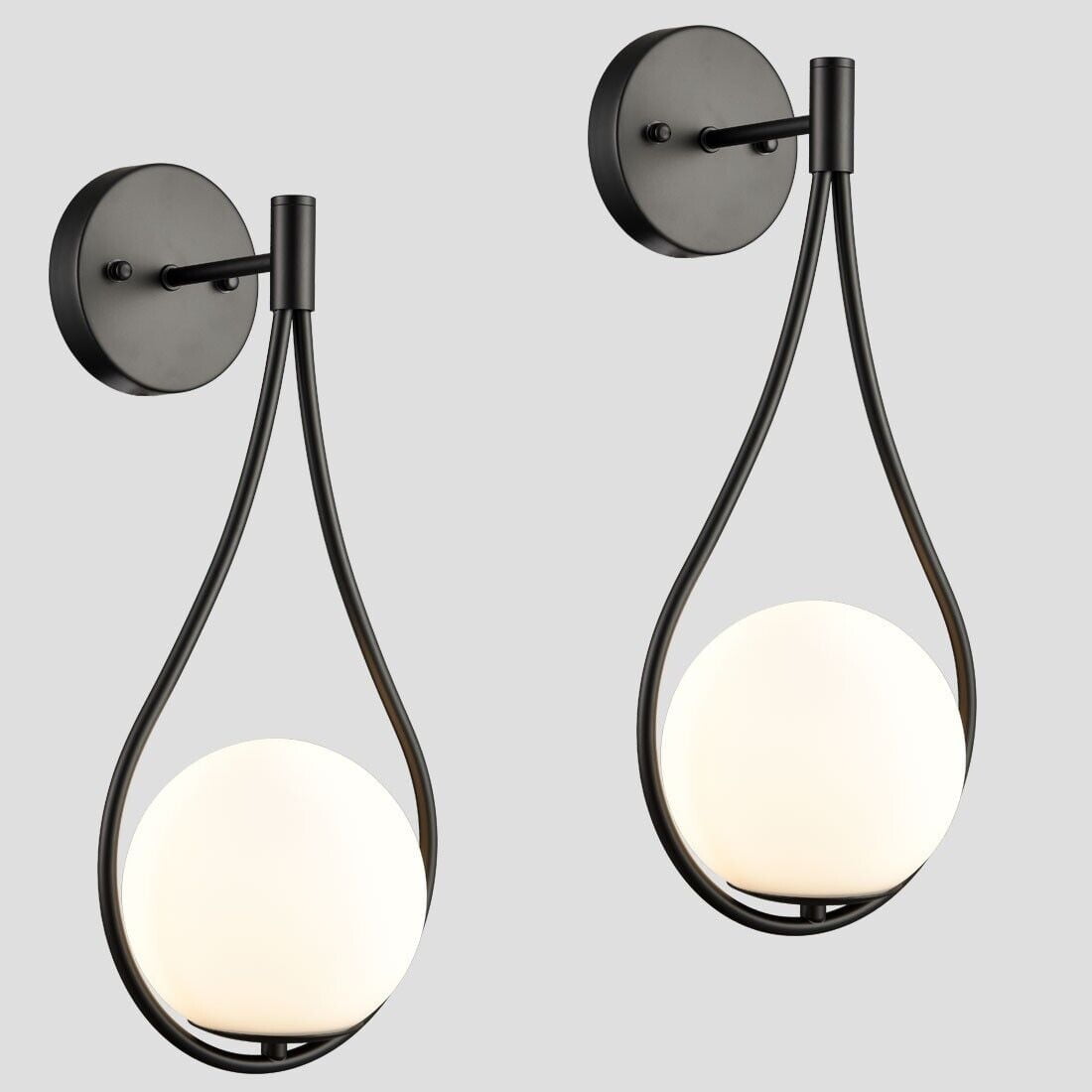 Black Metal Globe Sconce with Opal Glass Shade Set of 2