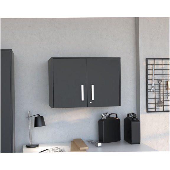 Black Wall Storage Cabinet with Double Doors and 3 Shelves, Lockable Engineered Wood Cabinet for Kitchen, Bathroom, Living Room Organizer