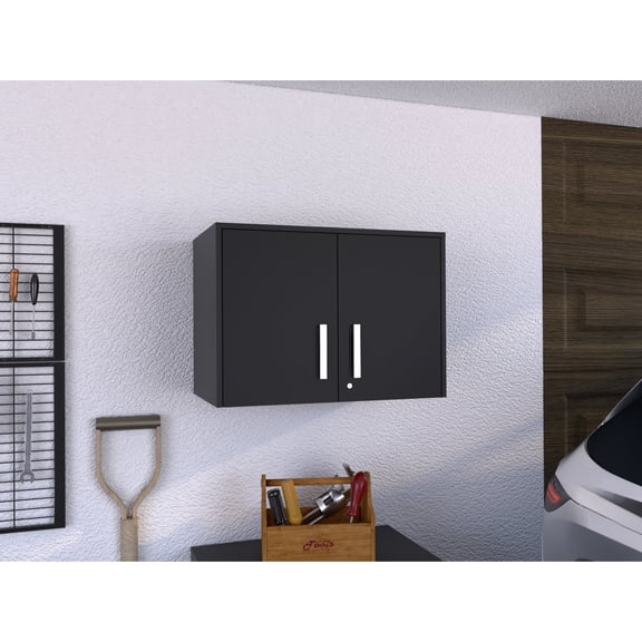Black Wall Storage Cabinet with Padlock and Shelves / Convenient Wall Storage