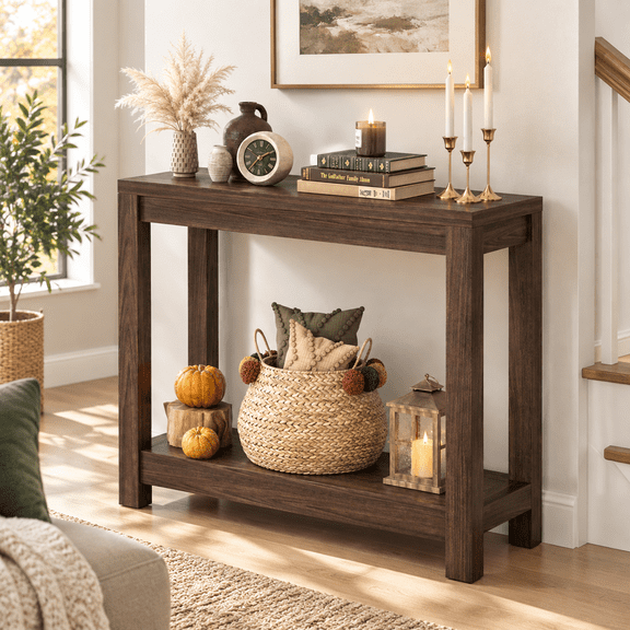 Black Walnut 32"(L)*31.3(H) Farmhouse Wood Narrow Entryway Console Table with Storage Shelves