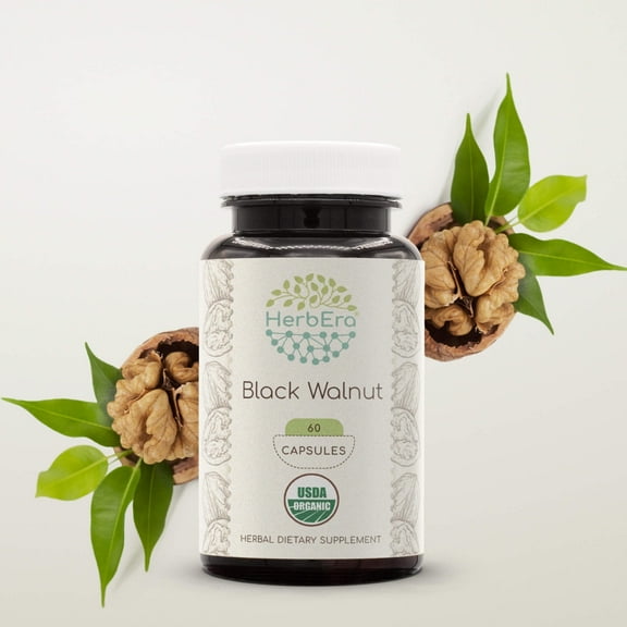 HerbEra Black Walnut Capsules, Organic Herbal Dietary Supplement for Intestinal Health Support, Certified Organic Black Walnut (Juglans Nigra) Dried Hull Capsules, Natural, 60 Capsules