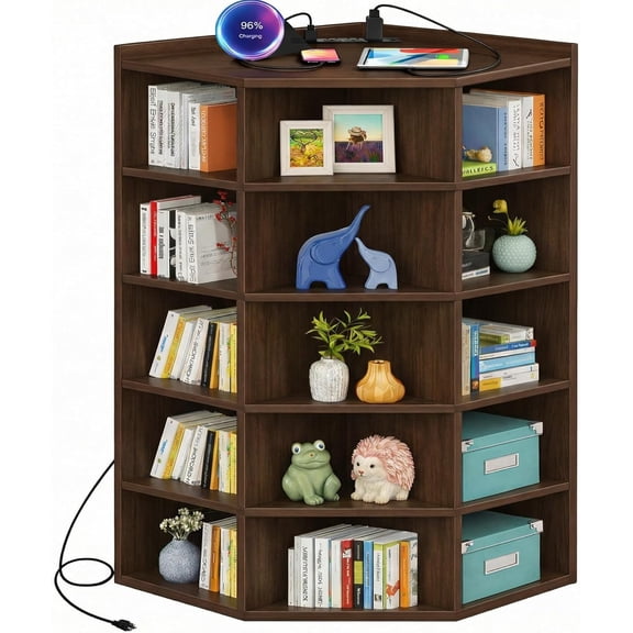 Black Walnut Corner Bookshelf with Power Outlets and L-Shaped Cubby Storage