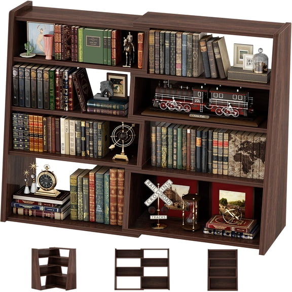 Black Walnut Expandable Corner Bookshelf Modular 4-Tier Ladder Style Bookcase For Living Room Bedroom