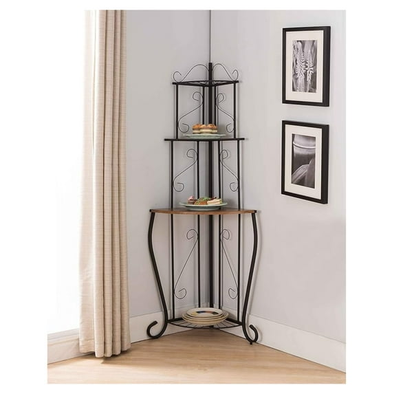 Black / Walnut Kitchen Storage Corner Bakers Rack