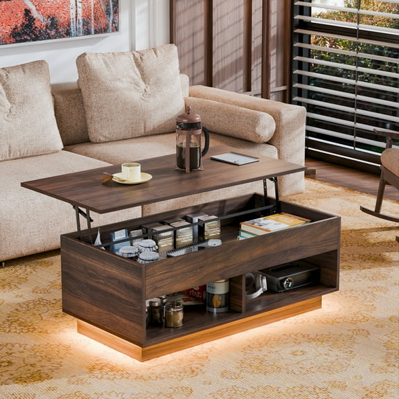 Black Walnut Lift Top Coffee Table LED with Open Shelves and Hidden Compartment Living Room Center Table