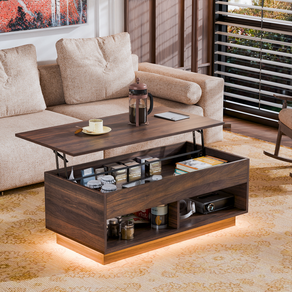 HOMCOM Lift Top Coffee Table With Hidden Storage Compartment & Open Shelf – Oak, Rectangular