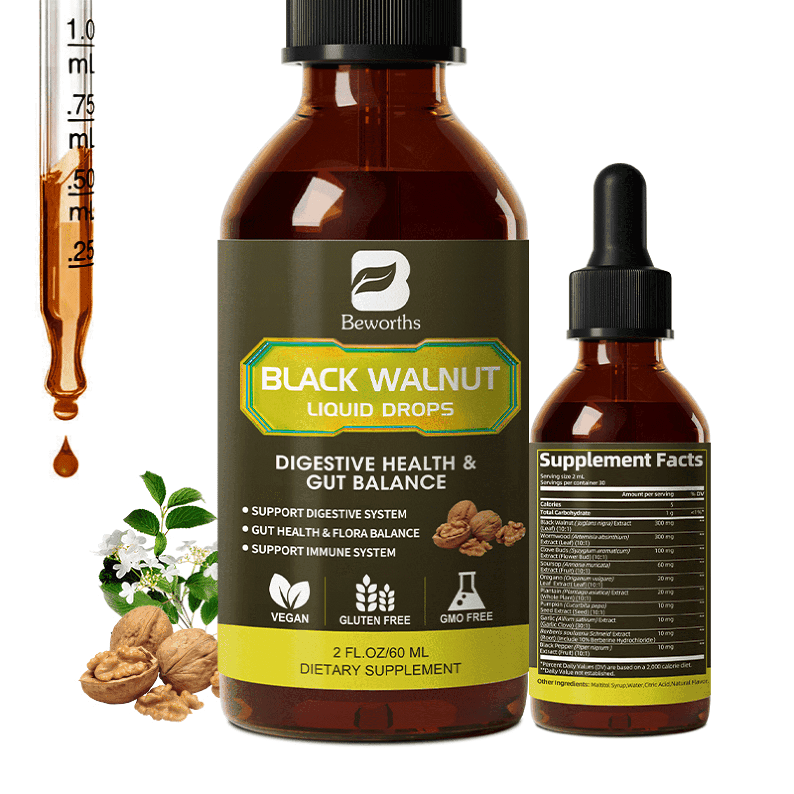 Black Walnut Liquid Drops, 10-In-1 with Wormwood, Pumpkin Seed, Garlic, Oregano, Berberine, Soursop, for Immune, Gut & Digestive Health Support, 2 fl oz