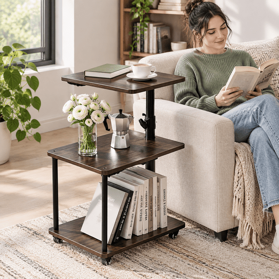 Black Walnut Rolling Swivel End Table with Adjustable Height and Wheels