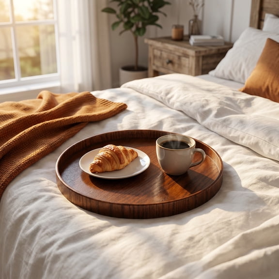 Ottoman Tray – Solid Black Walnut Round Wood Serving Platter, Decorative Table Organizer for Breakfast in Bed, Tea & Coffee