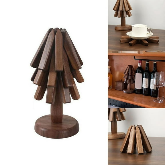 Black Walnut Solid Wood Heat-Resistant Pad - Japanese-Style Circular Dining Table Mat with Money Tree Figurine, Decorative Insulation Pad to Protect Surfaces & Enhance Home Aesthetic, 8.66*3.94in, B