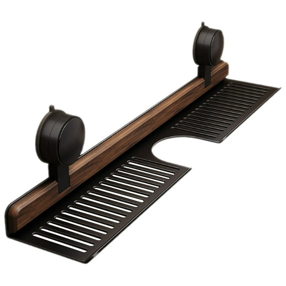 Black Walnut Suction Cup Shelf - Removable Wall Mounted Rack For Bathroom & Kitchen, Over Faucet Organizer With Strong Suction Cups, No Drill Storage Solution