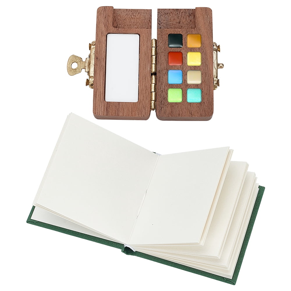 Black Walnut Wood 8 Grid Portable Sketchbook Palette with Dark Green Watercolor Papers Painting Book Rectangle Wood Colour Palette Box Travel Paint Tray for DIY