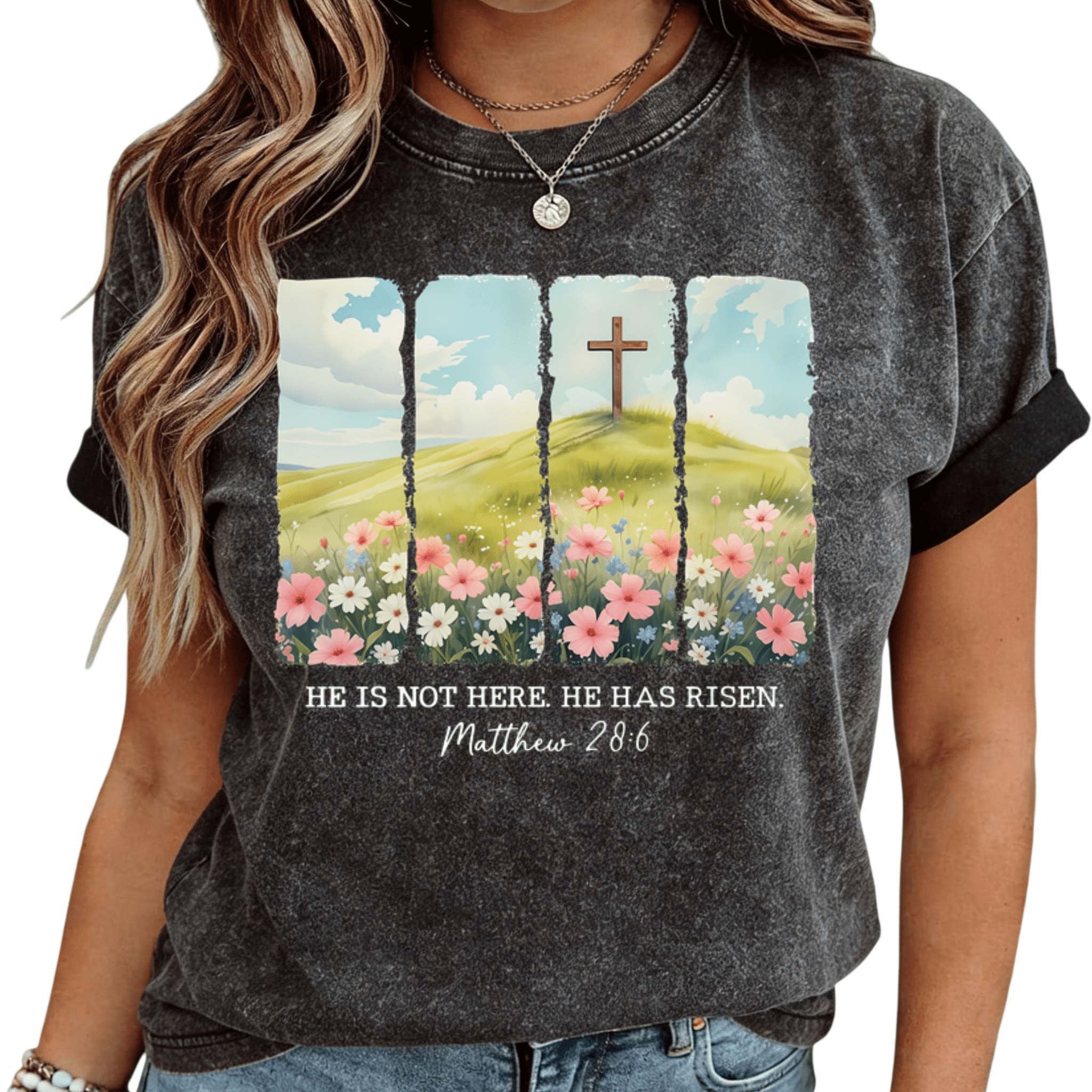 Black Wash He Is Risen Cross Floral Print T-Shirt Christian Easter ...