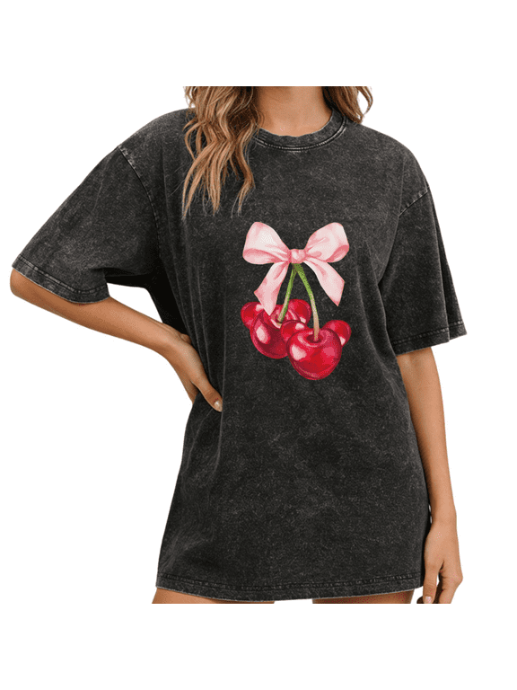 Black Wash Print Tshirt Graphic Sweatshirt Pink Bow Cherry Coquette Coquette Inspired Personalized Graphic Wear S-2XL Tops