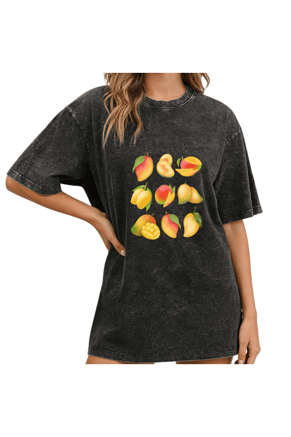 Black Wash Print Tshirt Graphic Sweatshirt Watercolor Mango Grid Summer Artistic Fruit Print Casual Wear S-2XL Tops
