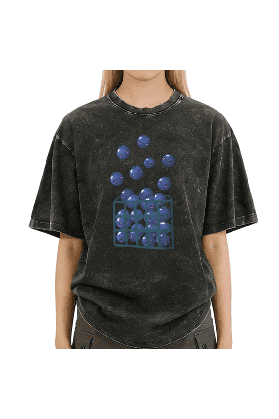 Black Wash Print Tshirt Graphic Tees Retro Blueberry Basket Design Tshirt S-2XL Tops