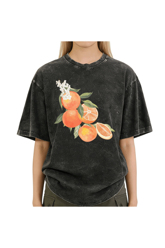 Black Wash Print Tshirt Graphic Tees Retro Orange Blossom Design Tshirt S-2XL Tops