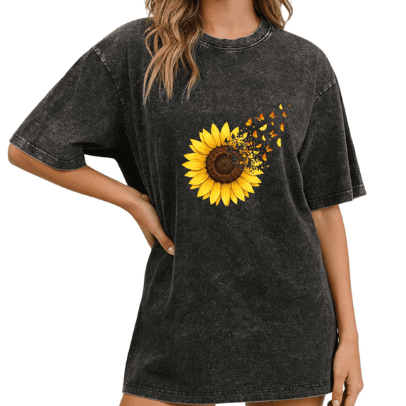 Black Wash Print Tshirt Graphic Tees Shirts Broken Sunflower Daily Casual Relaxing Retro Inspired Tops S-2XL Tops