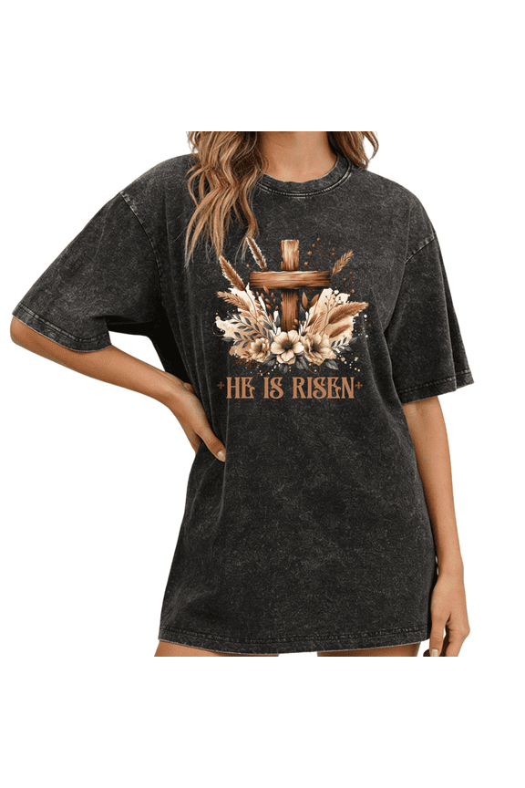 Black Wash Print Tshirt Graphic Tees Shirts He Is Risen Floral Cross Casual S-2XL Tops