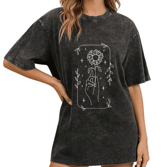 Black Wash Print Tshirt Graphic Tees Shirts Sunflower Hand Tarot Spring ...