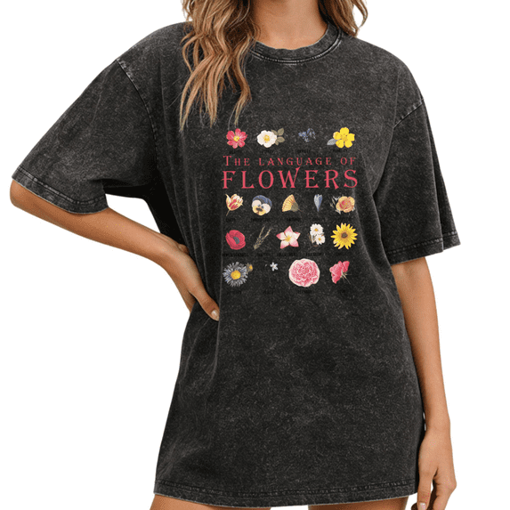 Black Wash Print Tshirt Graphic Tees Shirts The Language of Flowers Daily Casual Relaxing Retro Inspired Tops S-2XL Tops