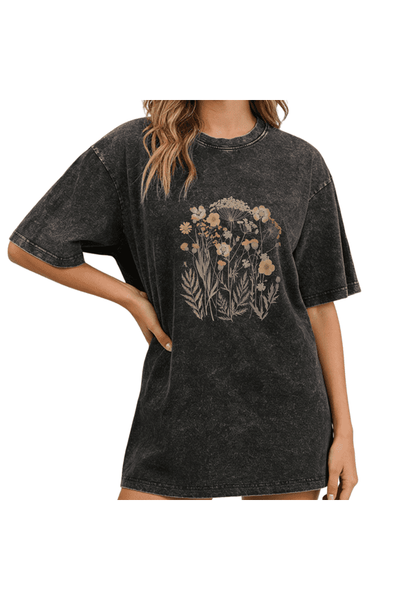 Black Wash Print Tshirt Graphic Tees Shirts Vintage Wildflower Circle Novelty Gift For Flower And Retro Enthusiasts S-2XL Tops