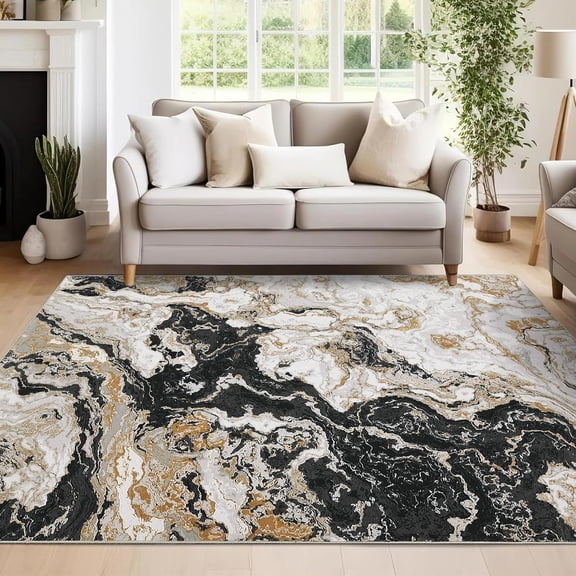 Black Washable Area Rug 5x7ft, Abstract Marble Pattern Low Pile Carpet Stain-Resistant for Bedroom Home Office Living Room